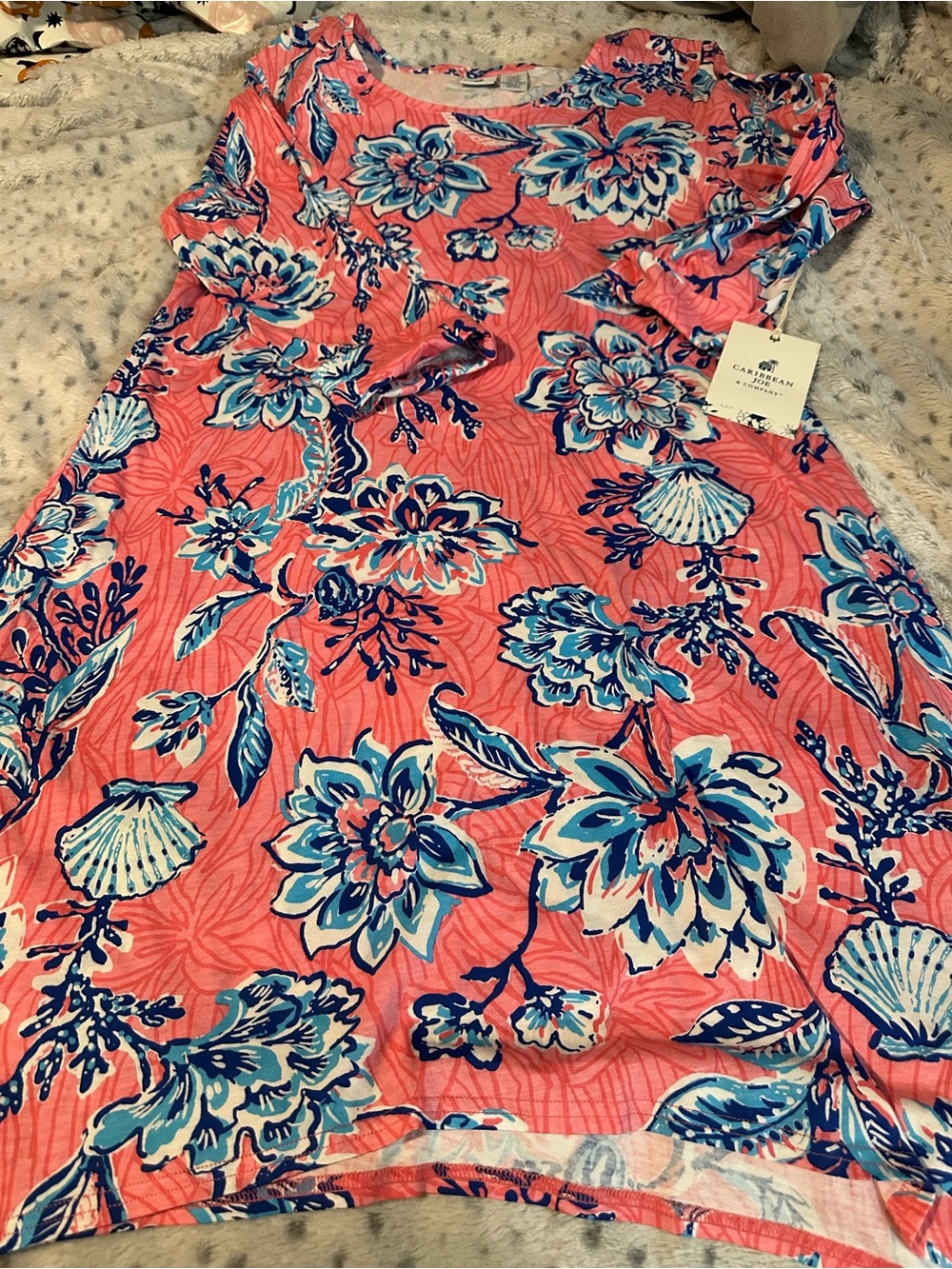 Caribbean Joe Coral Floral High-Low Dress with Blue and White Accents
